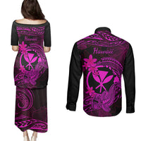 hawaii-couples-matching-puletasi-dress-and-long-sleeve-button-shirts-hammerhead-shark-tattoo-mix-polynesian-plumeria-pink-version