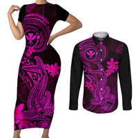 hawaii-couples-matching-short-sleeve-bodycon-dress-and-long-sleeve-button-shirts-hammerhead-shark-tattoo-mix-polynesian-plumeria-pink-version