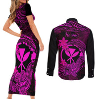 hawaii-couples-matching-short-sleeve-bodycon-dress-and-long-sleeve-button-shirts-hammerhead-shark-tattoo-mix-polynesian-plumeria-pink-version