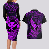 Hawaii Couples Matching Long Sleeve Bodycon Dress and Hawaiian Shirt Hammerhead Shark Tattoo Mix Polynesian Plumeria Purple Version LT14 - Polynesian Pride