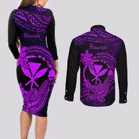 hawaii-couples-matching-long-sleeve-bodycon-dress-and-long-sleeve-button-shirts-hammerhead-shark-tattoo-mix-polynesian-plumeria-purple-version