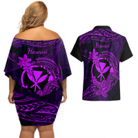 hawaii-couples-matching-off-shoulder-short-dress-and-hawaiian-shirt-hammerhead-shark-tattoo-mix-polynesian-plumeria-purple-version