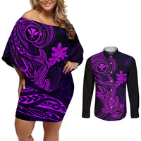 hawaii-couples-matching-off-shoulder-short-dress-and-long-sleeve-button-shirts-hammerhead-shark-tattoo-mix-polynesian-plumeria-purple-version