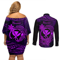 hawaii-couples-matching-off-shoulder-short-dress-and-long-sleeve-button-shirts-hammerhead-shark-tattoo-mix-polynesian-plumeria-purple-version