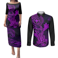 hawaii-couples-matching-puletasi-dress-and-long-sleeve-button-shirts-hammerhead-shark-tattoo-mix-polynesian-plumeria-purple-version