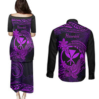 hawaii-couples-matching-puletasi-dress-and-long-sleeve-button-shirts-hammerhead-shark-tattoo-mix-polynesian-plumeria-purple-version