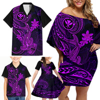 Hawaii Family Matching Off Shoulder Short Dress and Hawaiian Shirt Hammerhead Shark Tattoo Mix Polynesian Plumeria Purple Version LT14 - Polynesian Pride