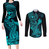 hawaii-couples-matching-long-sleeve-bodycon-dress-and-long-sleeve-button-shirts-hammerhead-shark-tattoo-mix-polynesian-plumeria-turquoise-version