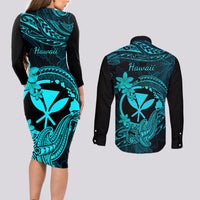 hawaii-couples-matching-long-sleeve-bodycon-dress-and-long-sleeve-button-shirts-hammerhead-shark-tattoo-mix-polynesian-plumeria-turquoise-version