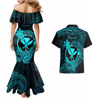 Hawaii Couples Matching Mermaid Dress and Hawaiian Shirt Hammerhead Shark Tattoo Mix Polynesian Plumeria Turquoise Version LT14 - Polynesian Pride