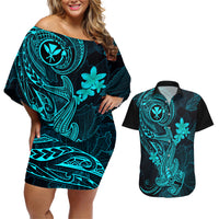 hawaii-couples-matching-off-shoulder-short-dress-and-hawaiian-shirt-hammerhead-shark-tattoo-mix-polynesian-plumeria-turquoise-version