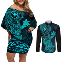 Hawaii Couples Matching Off Shoulder Short Dress and Long Sleeve Button Shirts Hammerhead Shark Tattoo Mix Polynesian Plumeria Turquoise Version LT14 Turquoise - Polynesian Pride
