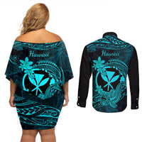hawaii-couples-matching-off-shoulder-short-dress-and-long-sleeve-button-shirts-hammerhead-shark-tattoo-mix-polynesian-plumeria-turquoise-version