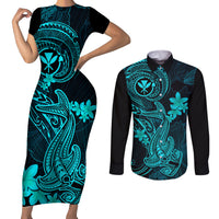 hawaii-couples-matching-short-sleeve-bodycon-dress-and-long-sleeve-button-shirts-hammerhead-shark-tattoo-mix-polynesian-plumeria-turquoise-version