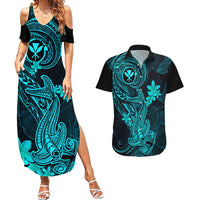 hawaii-couples-matching-summer-maxi-dress-and-hawaiian-shirt-hammerhead-shark-tattoo-mix-polynesian-plumeria-turquoise-version