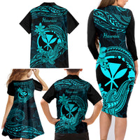 Hawaii Family Matching Long Sleeve Bodycon Dress and Hawaiian Shirt Hammerhead Shark Tattoo Mix Polynesian Plumeria Turquoise Version LT14 - Polynesian Pride