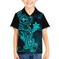 Hawaii Family Matching Off Shoulder Long Sleeve Dress and Hawaiian Shirt Hammerhead Shark Tattoo Mix Polynesian Plumeria Turquoise Version LT14 Son's Shirt Turquoise - Polynesian Pride