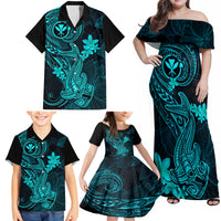 Hawaii Family Matching Off Shoulder Maxi Dress and Hawaiian Shirt Hammerhead Shark Tattoo Mix Polynesian Plumeria Turquoise Version LT14 - Polynesian Pride