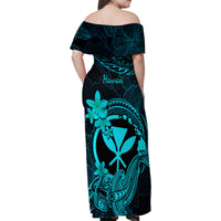 Hawaii Family Matching Off Shoulder Maxi Dress and Hawaiian Shirt Hammerhead Shark Tattoo Mix Polynesian Plumeria Turquoise Version LT14 - Polynesian Pride