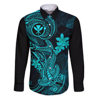Hawaii Family Matching Short Sleeve Bodycon Dress and Hawaiian Shirt Hammerhead Shark Tattoo Mix Polynesian Plumeria Turquoise Version LT14 Dad's Shirt - Long Sleeve Turquoise - Polynesian Pride