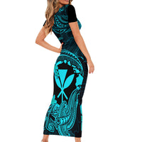 Hawaii Family Matching Short Sleeve Bodycon Dress and Hawaiian Shirt Hammerhead Shark Tattoo Mix Polynesian Plumeria Turquoise Version LT14 - Polynesian Pride