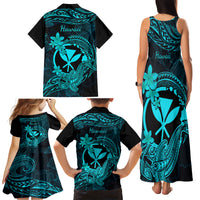 Hawaii Family Matching Tank Maxi Dress and Hawaiian Shirt Hammerhead Shark Tattoo Mix Polynesian Plumeria Turquoise Version LT14 - Polynesian Pride