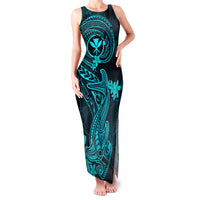 Hawaii Family Matching Tank Maxi Dress and Hawaiian Shirt Hammerhead Shark Tattoo Mix Polynesian Plumeria Turquoise Version LT14 Mom's Dress Turquoise - Polynesian Pride
