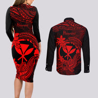 hawaii-couples-matching-long-sleeve-bodycon-dress-and-long-sleeve-button-shirts-hammerhead-shark-tattoo-mix-polynesian-plumeria-red-version