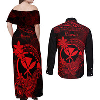 hawaii-couples-matching-off-shoulder-maxi-dress-and-long-sleeve-button-shirts-hammerhead-shark-tattoo-mix-polynesian-plumeria-red-version