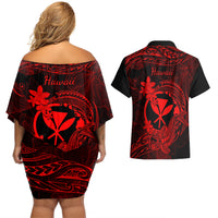 hawaii-couples-matching-off-shoulder-short-dress-and-hawaiian-shirt-hammerhead-shark-tattoo-mix-polynesian-plumeria-red-version