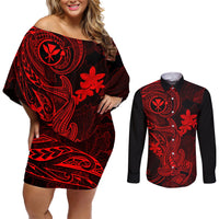 hawaii-couples-matching-off-shoulder-short-dress-and-long-sleeve-button-shirts-hammerhead-shark-tattoo-mix-polynesian-plumeria-red-version