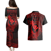 hawaii-couples-matching-puletasi-dress-and-hawaiian-shirt-hammerhead-shark-tattoo-mix-polynesian-plumeria-red-version