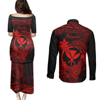 hawaii-couples-matching-puletasi-dress-and-long-sleeve-button-shirts-hammerhead-shark-tattoo-mix-polynesian-plumeria-red-version