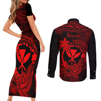 hawaii-couples-matching-short-sleeve-bodycon-dress-and-long-sleeve-button-shirts-hammerhead-shark-tattoo-mix-polynesian-plumeria-red-version