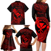 Hawaii Family Matching Long Sleeve Bodycon Dress and Hawaiian Shirt Hammerhead Shark Tattoo Mix Polynesian Plumeria Red Version LT14 - Polynesian Pride