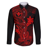 Hawaii Family Matching Short Sleeve Bodycon Dress and Hawaiian Shirt Hammerhead Shark Tattoo Mix Polynesian Plumeria Red Version LT14 Dad's Shirt - Long Sleeve Red - Polynesian Pride