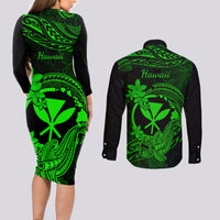hawaii-couples-matching-long-sleeve-bodycon-dress-and-long-sleeve-button-shirts-hammerhead-shark-tattoo-mix-polynesian-plumeria-green-version