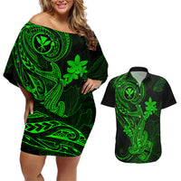 hawaii-couples-matching-off-shoulder-short-dress-and-hawaiian-shirt-hammerhead-shark-tattoo-mix-polynesian-plumeria-green-version