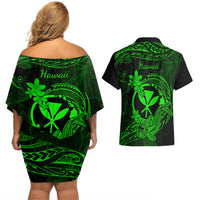hawaii-couples-matching-off-shoulder-short-dress-and-hawaiian-shirt-hammerhead-shark-tattoo-mix-polynesian-plumeria-green-version