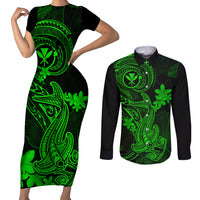 hawaii-couples-matching-short-sleeve-bodycon-dress-and-long-sleeve-button-shirts-hammerhead-shark-tattoo-mix-polynesian-plumeria-green-version