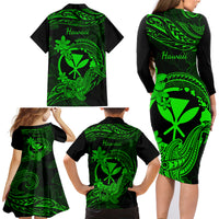 Hawaii Family Matching Long Sleeve Bodycon Dress and Hawaiian Shirt Hammerhead Shark Tattoo Mix Polynesian Plumeria Green Version LT14 - Polynesian Pride