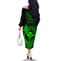 Hawaii Family Matching Off Shoulder Long Sleeve Dress and Hawaiian Shirt Hammerhead Shark Tattoo Mix Polynesian Plumeria Green Version LT14 - Polynesian Pride