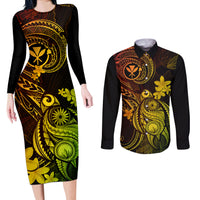 hawaii-couples-matching-long-sleeve-bodycon-dress-and-long-sleeve-button-shirts-turtle-mix-polynesian-plumeria-reggae-version