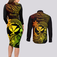 hawaii-couples-matching-long-sleeve-bodycon-dress-and-long-sleeve-button-shirts-turtle-mix-polynesian-plumeria-reggae-version