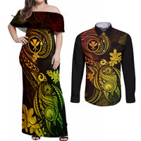 hawaii-couples-matching-off-shoulder-maxi-dress-and-long-sleeve-button-shirts-turtle-mix-polynesian-plumeria-reggae-version