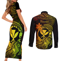 hawaii-couples-matching-short-sleeve-bodycon-dress-and-long-sleeve-button-shirts-turtle-mix-polynesian-plumeria-reggae-version