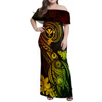 Hawaii Family Matching Off Shoulder Maxi Dress and Hawaiian Shirt Turtle Mix Polynesian Plumeria Reggae Version LT14 Mom's Dress Reggae - Polynesian Pride