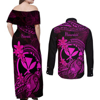 hawaii-couples-matching-off-shoulder-maxi-dress-and-long-sleeve-button-shirts-turtle-mix-polynesian-plumeria-pink-version