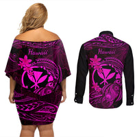 hawaii-couples-matching-off-shoulder-short-dress-and-long-sleeve-button-shirts-turtle-mix-polynesian-plumeria-pink-version