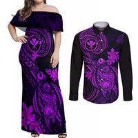 hawaii-couples-matching-off-shoulder-maxi-dress-and-long-sleeve-button-shirts-turtle-mix-polynesian-plumeria-purple-version